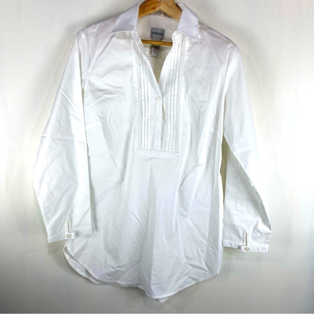 Chico's: Longline Pin Tuck Popover Collared Shirt Blouse‎ Cottage White Size 1